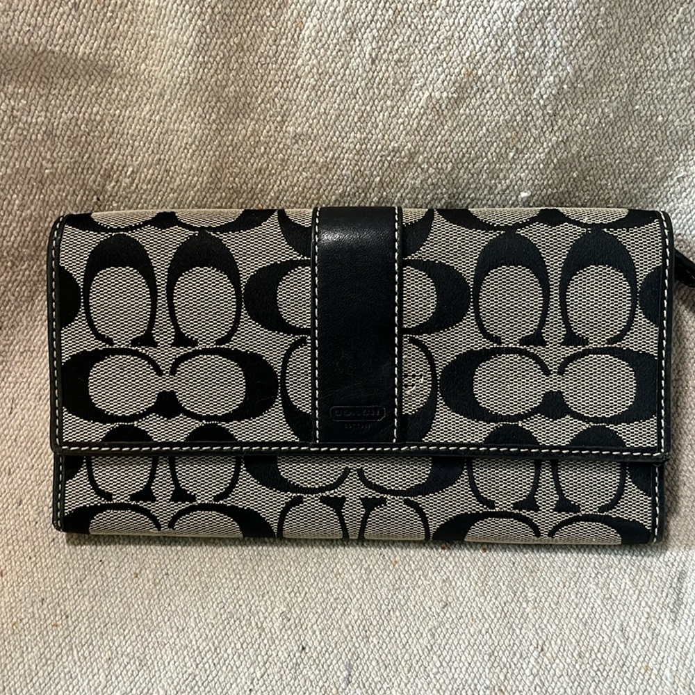 COACH Jacquard Print Black and Grey Leather and Canvas Long Trifold Wallet